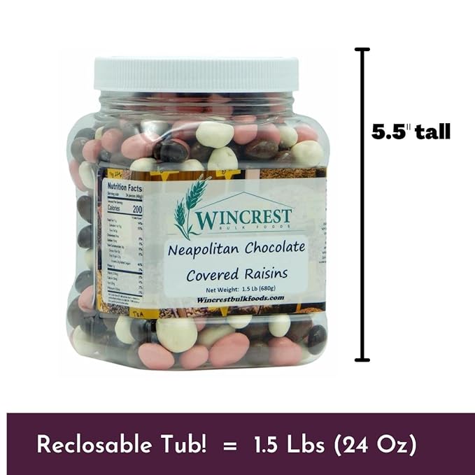 Neapolitan Chocolate Covered Raisins || 1.5 Lb Tub || Dark Milk Vanilla &amp Strawberry Coated