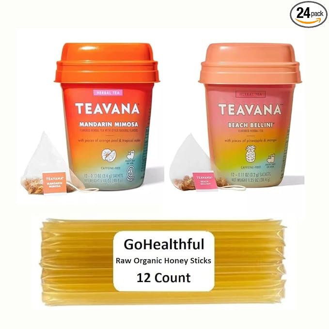 Teavana Beach Bellini Tea and Mandarin Mimosa Herbal Tea - 12 Sachets Each (24 Total) Plus 12 GoHealthful Pure Raw Organic Honey Sticks Equal to 2.11 Ounces of Clover Honey