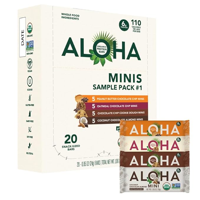 ALOHA Organic Plant Based Protein Bar MINIS | VARIETY PACK | GLP-1 Friendly 20 Count 24g Bars | Vegan Low Sugar Gluten Free Low Carb Non-GMO No Stevia No Soy No Sugar Alcohols