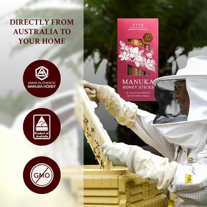 1770 Naturally Australian MGO 83+ Manuka Honey Sticks 30 x 15g Organic Honey for Tea Yogurt &amp Travel Snacks