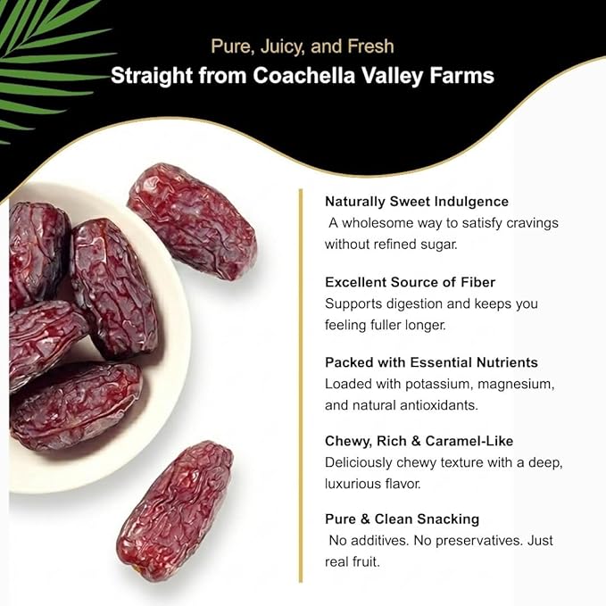 Dolce Frutti Medjool Dates– 4 Lbs –Naturally Sweet with Rich Caramel Taste Grown in California Using Permaculture Practices Great for Snacking &amp Blending Farm Fresh &amp Handpicked