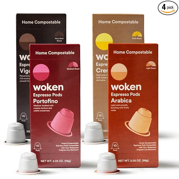 WOKEN COFFEE Compostable Pods | Variety Pack | Roasted in USA | Compatible With Nespresso Original Machines | Rich Aroma Smooth Taste Eco-Friendly Biodegradable Coffee Capsules | 40 Pods (4 Boxes)