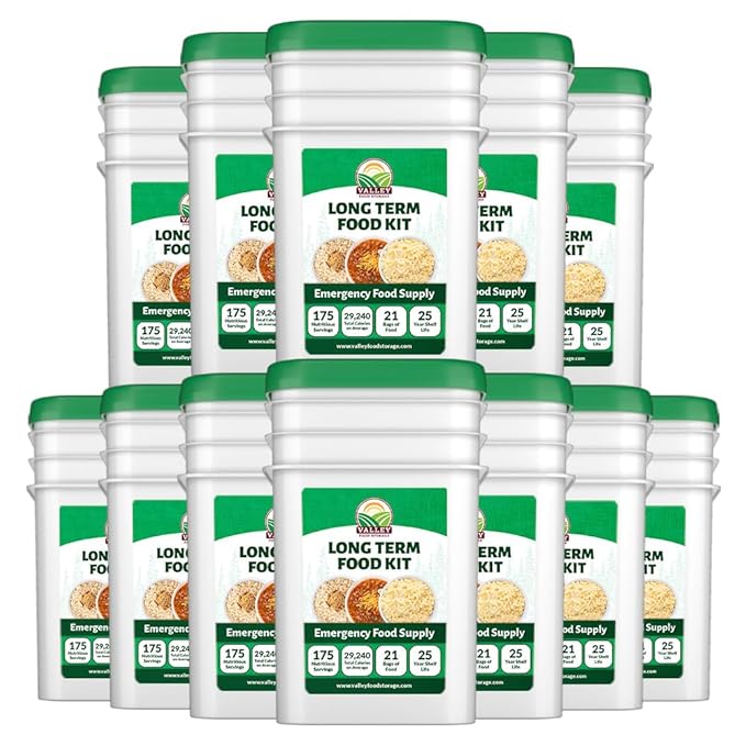 Valley Food Storage Long Term Food Supply Kit | 12 Buckets Emergency Survival Food with 75g+ Daily Protein &amp 1800+ Calories | 25 Year Shelf Life Prepper Supplies for Disaster Preparedness