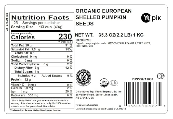 Yupik Organic European Pumpkin Seeds No Shell 2.2 lb (35.2 oz) Gluten-Free Non-GMO Kosher Vegan Raw Pepitas Unsalted Unroasted Plant-Based Protein Healthy Snacks For Baking &amp Topping