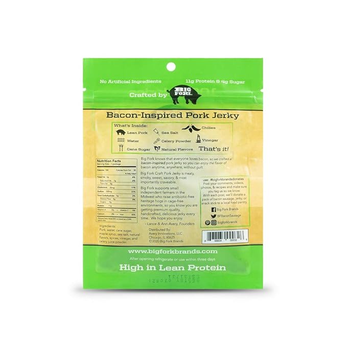 Big Fork Craft Pork Jerky – Spicy 3-Pepper Flavor | Bacon-Inspired Small-Batch Jerky Made from 100% Berkshire Pork | Keto Paleo Gluten-Free High-Protein Snack | 8 Bags (2.25 oz Each)