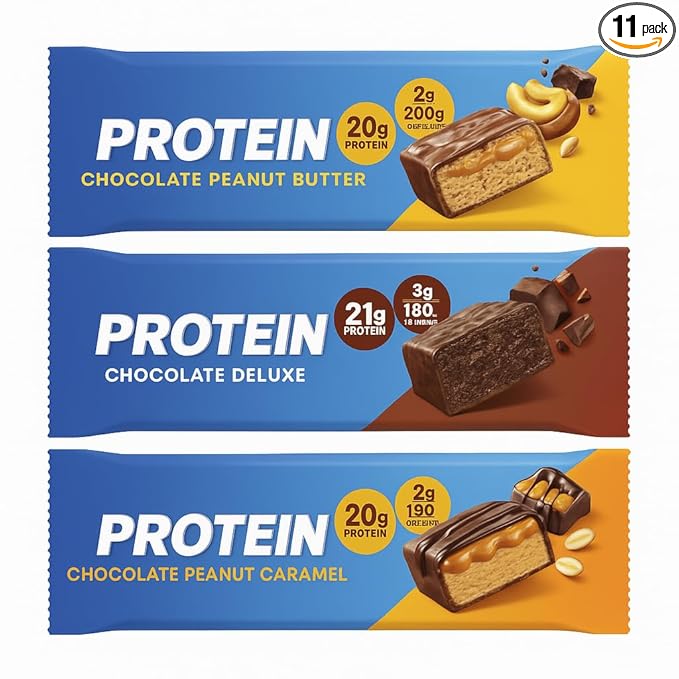 High Protein Bar Variety Pack – 11 Count (5 Peanut Butter 3 Chocolate Deluxe 3 Peanut Caramel) – Low Sugar Gluten-Free Keto Friendly 20g Protein Energy Snack Bars