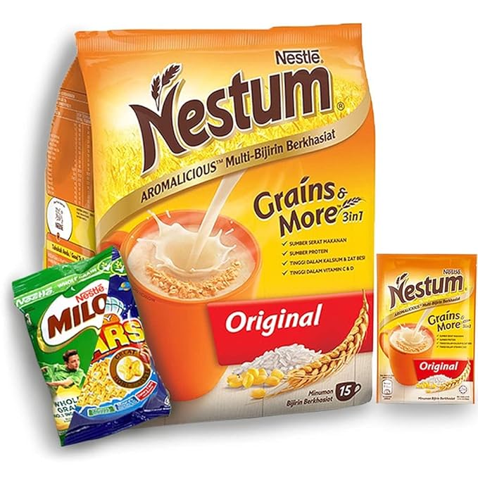 Nestum All Family 3-in-1 Instant Cereal Milk Drink and 1-Pack Nestle Cereal Snack Bundle (Milo or Koko Krunch or Honey Star 30 g) - Low Fat Milk Cereal Made with Wholemeal Wheat Rice &amp Corn Grit