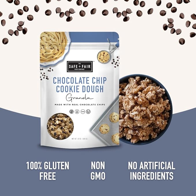 Safe + Fair Chocolate Chip Cookie Dough Granola – Gluten-Free Dairy-Free &amp Vegan Snack – Allergen-Free Non-GMO and No Artificial Ingredients – 12oz Pack 6 Pack