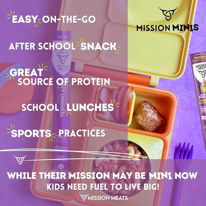 Mission Meats Kids Turkey Sticks 100% Free Range Healthy Snacks for Kids Zero Sugar 9g Protein per Serving Gluten &amp Nut Free Individually Wrapped Mini 0.5oz (24ct Bag)