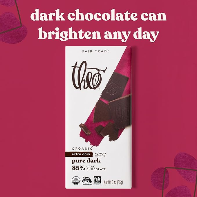 Theo Chocolate Pure Organic Dark Chocolate Bar 85% Cacao 6 Pack | Vegan Fair Trade