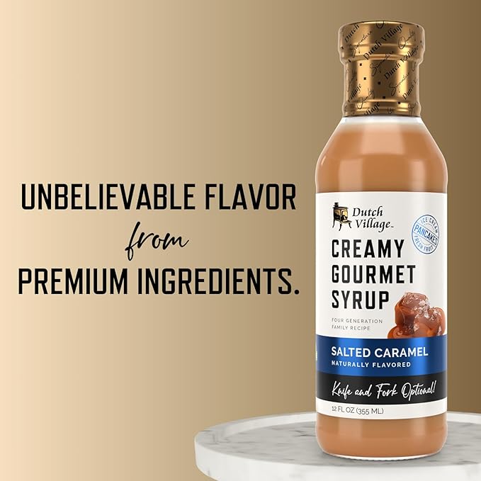Creamy Gourmet Breakfast &amp Dessert Syrup | Organic Ingredients - Clean Label | No Preservatives Artificial Flavors or Corn Syrup | Gluten-Free | Dutch Village Salted Caramel 12 fl oz - 2 PK