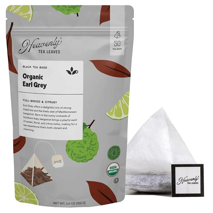 Heavenly Tea Leaves Organic Earl Grey (50 Pyramid Tea Bags) Bulk Compostable Black Tea Sachet - 100% Plastic Free Premium Quality Whole Tea Leaves in a Convenient Tea Bag