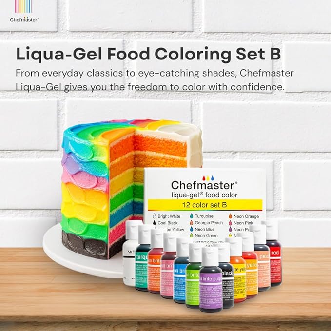 Chefmaster - Liqua-Gel Food Coloring - 12 Color Set B - Fade Resistant - 12 Pack - Vibrant Eye-Catching Colors Easy-To-Blend Formula Fade-Resistant - Made in the USA