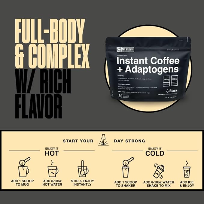 Strong Coffee Co. Instant Black Coffee | Premium Organic Coffee with Nootropics &amp Adaptogens NeuroFactor® L-Theanine Ashwagandha Reishi &amp MCT Oil | No Jitters No Crash (1 30 Servings)