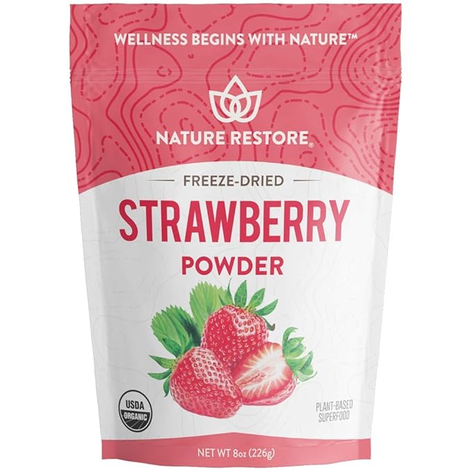 Nature Restore USDA Certified Organic Freeze Dried Strawberry Powder 8 Ounces Non GMO Gluten Free Vegan