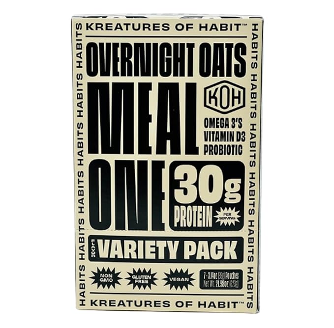 Kreatures of Habit MEAL ONE | Overnight &amp Instant Superfood Protein Meal Replacement | Gluten Free Dairy Free 30g of Plant Based Protein With No Added Sugar (7 Pack Variety)