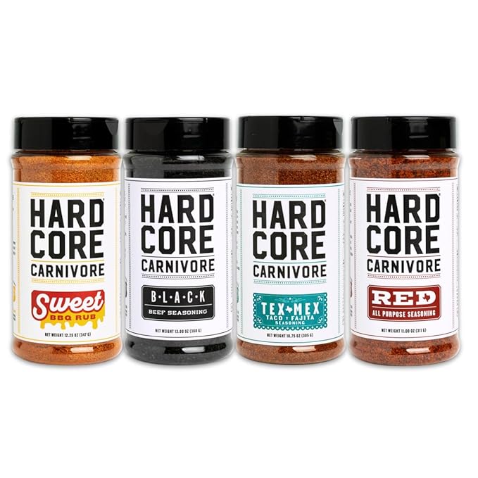 Hardcore Carnivore Core Pack (4 Rub Set) Black Beef Red All -Purpose Tex Mex Sweet BBQ Seasonings | Bold Texas-Made Flavors for Grilling Smoking and Cooking