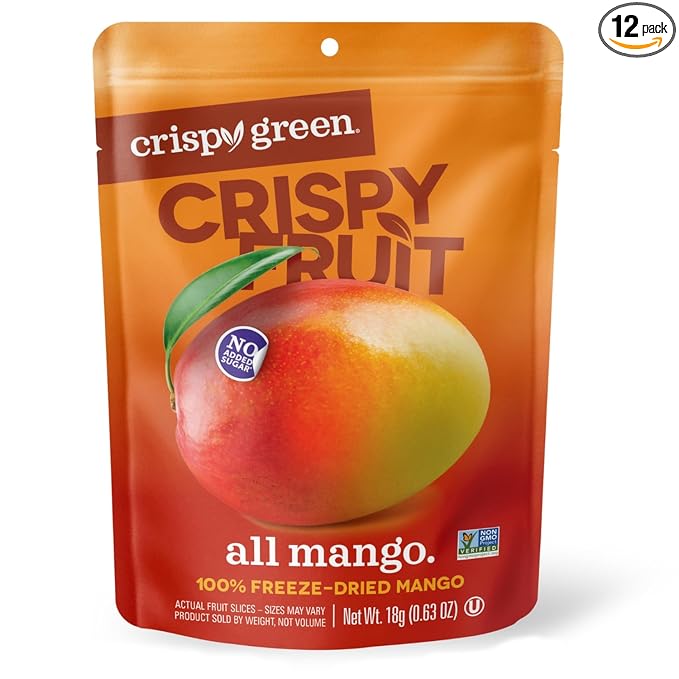Crispy Green Freeze-Dried Mango Fruit Snacks 0.63 Oz (Pack of 12) 100% Pure Fruit All-Natural No Added Sugar Single-Serve Bags for Healthy Snacks &amp School Lunches