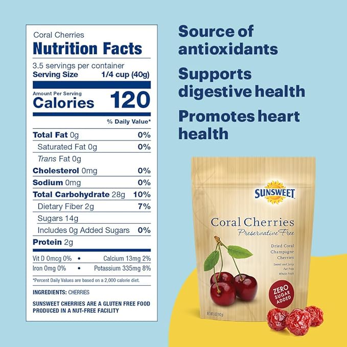 Sunsweet Coral Dried Cherries - Dried Fruit No Sugar Added - Gluten Free Preservative Free Plant Based Kosher Tart Cherries - 5oz - 4 Pack