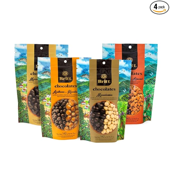 Cafe Britt® Chocolates - Dark Chocolate-covered Gourmet Nuts (4 Pack) (Almonds Cashews Macadamias Hazelnuts) (5 oz each) Gourmet Dark Chocolate Gluten Free No Artificial Ingredients No Trans Fat