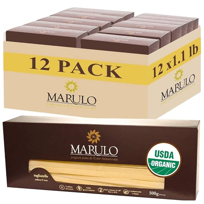Marulo Organic Tagliatelle (Pack of 12 1.1 lb Each) – USDA Certified Organic Italian Bronze-Die Cut Artisan Pasta Only 2 Ingredients Imported from Campania Italy | USDA Certified Bronze-Die Cut