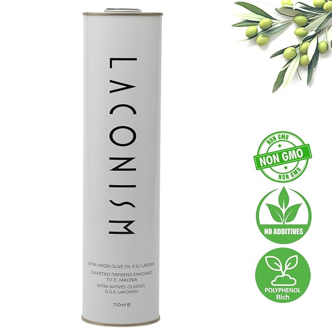 Extra Virgin Olive Oil Tin Great Taste Cold Pressed Intense Flavor Contains Polyphenols Rich Olive Oil from the Land of Laconia 750ml Tin