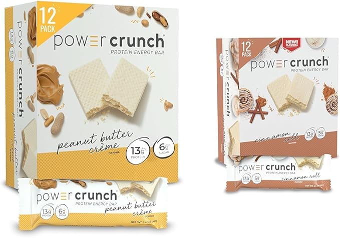 Power Crunch Protein Wafer Bars High Protein Snacks Delicious Taste Peanut Butter Crème 1.4 Ounce (12 Count) &amp Cinnamon Roll 1.4 Ounce (12 Count)