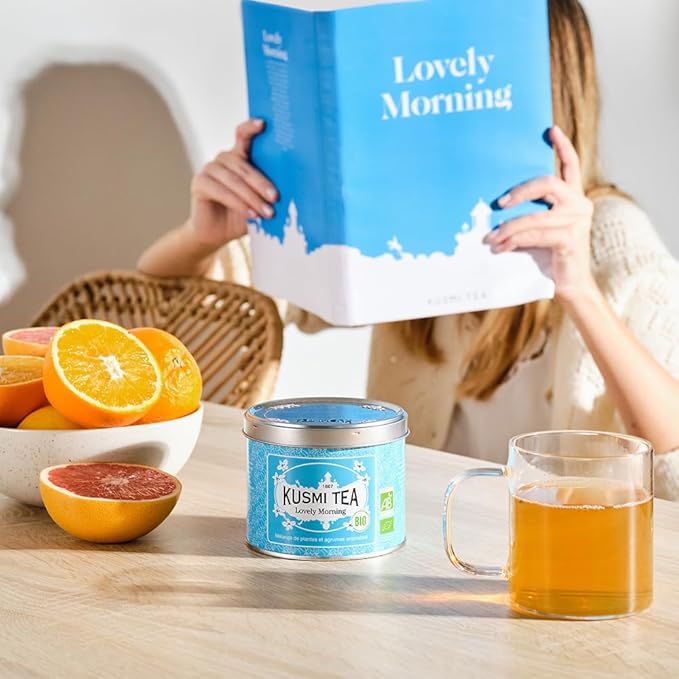 Kusmi Tea - Lovely Morning - Organic Blend of Green Tea Mate Lemon Guarana Grapefruit &amp Orange - Organic Flavored Green Tea - Loose Leaf Tea - Tin Box of 3.5 oz - Quantity for about 50 cups