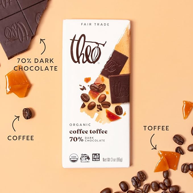 Theo Chocolate Coffee Toffee Organic Dark Chocolate Bar 70% Cacao 12 Pack | Fair Trade