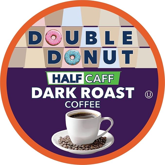 Double Donut Coffee Half Caff Dark Roast Coffee Pods Dark Roast Coffee Compatible with Keurig K Cups Brewers 72 ct