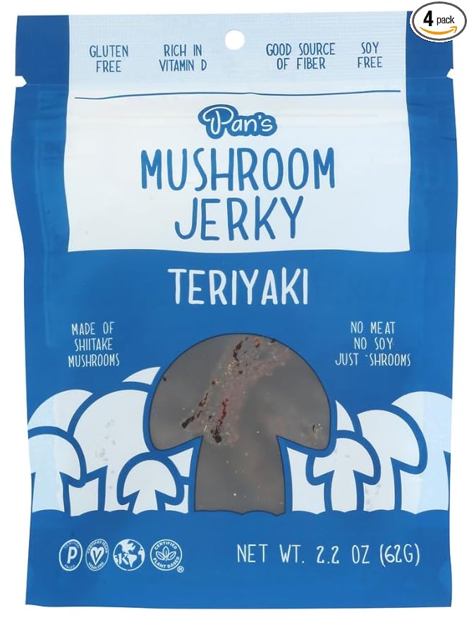 Pan's Mushroom Jerky in Teriyaki Flavor. Vegetarian. Vegan. Gluten-Free. Vitamin D. High in Fiber. Soy-Free. Plant-Based. Shiitake Mushrooms – 2.2 Oz (pack of 4)