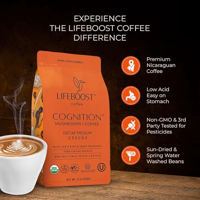 Lifeboost Cognition Decaf Mushroom Coffee - Low Acid Decaf Medium Organic Coffee with Lions Mane &amp Chaga Mushrooms - Increase Energy Boost Focus &amp Immune Support - 12 oz Bag - Ground