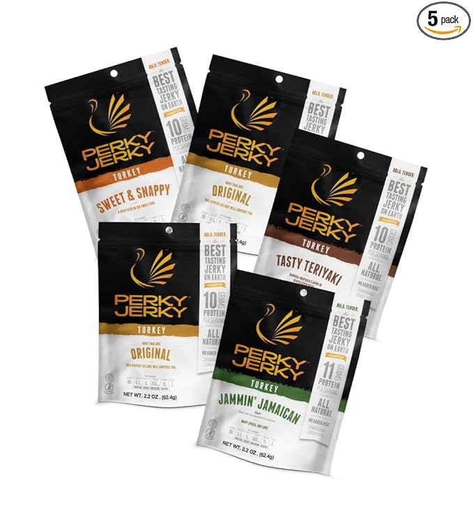 Perky Jerky Turkey Jerky Variety 2.2 oz (Pack of 5) - Low Sodium - 7-10g Protein per Serving - Low Fat - 100% U.S. Sourced - Non-GMO