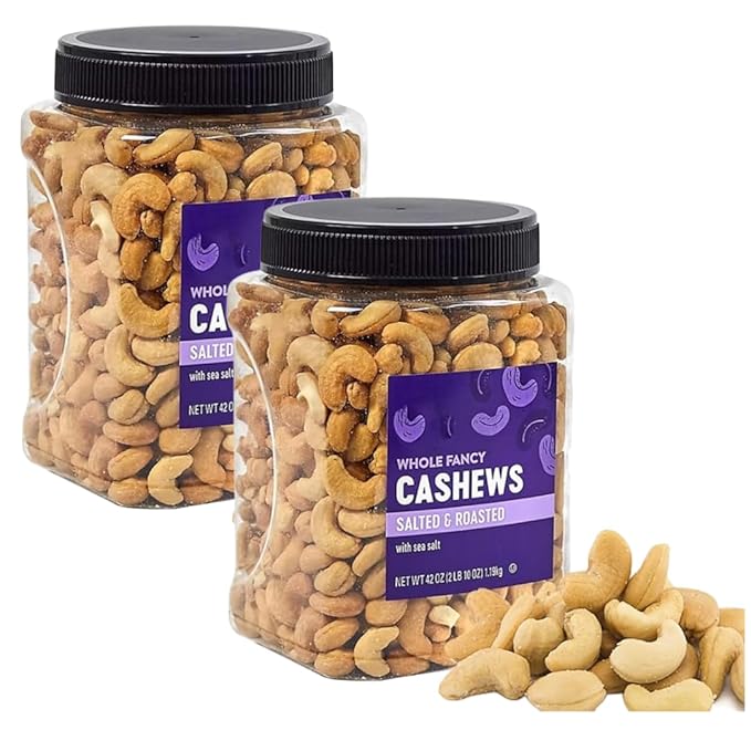 Whole Fancy Cashews Salted and Roasted with Sea Salt 42 oz Jar Heart Healthy Protein Snack Vegan Keto Gluten-Free (2 Pack)