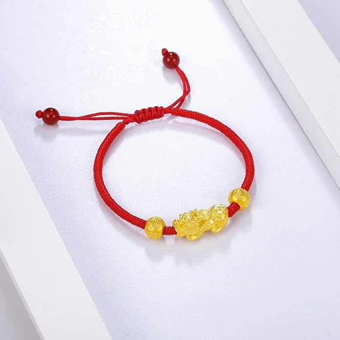 24K Solid Gold Bracelet for Women Real Pure Gold Jewelry Dainty Fortune Pixiu Ball Dragon Turtle Adjustable Red Black Braided Bracelet Her Men Mom
