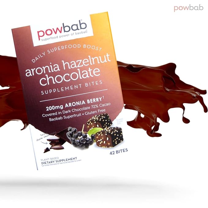 powbab Aronia Hazelnut Chocolate Bites - Organic Aronia Berry. 33% Less Sugar. Organic Dark Chocolate 72% Cacao Fair Trade. Immune Support Vitamin C Baobab. Gluten Free Cookies (42 count)