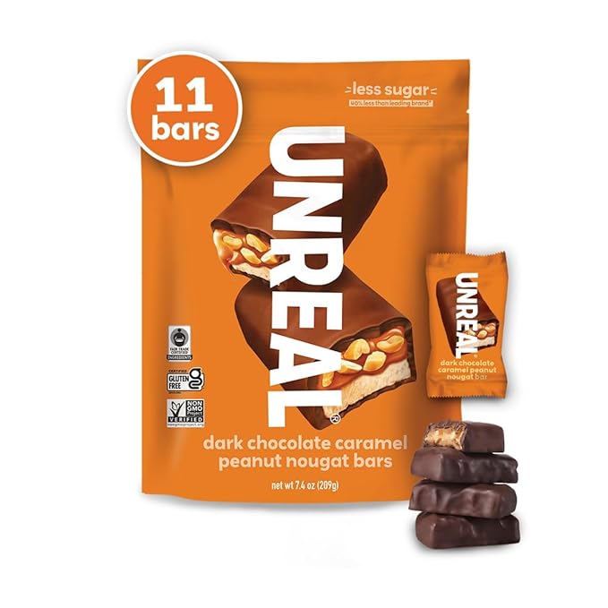 UNREAL Dark Chocolate Peanut Caramel Nougat Bars - Individually Wrapped Low Sugar Chocolate Snacks for Adults &amp Kids Organic Ingredients Soy Free Non-GMO (1 bag 209grams)