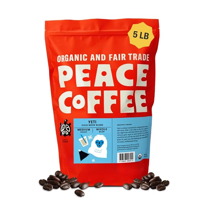 Peace Coffee Yeti Cold Brew Blend Medium Roast Whole Bean Coffee 5 lb Organic Fair Trade Smooth Refreshing Flavor Shade Grown Fresh Roasted