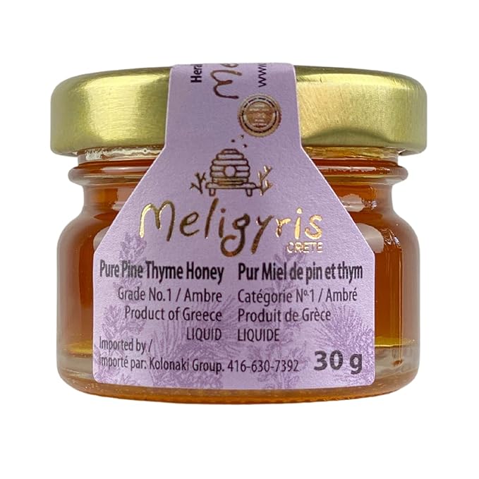 Meligyris Pure Pine Thyme Honey from Crete Greece -100% Pure Raw and Unfiltered Non-GMO (60 x 30 g Glass Jars)