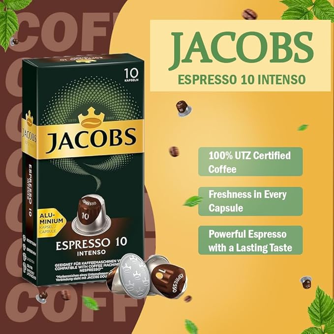 Jacobs Espresso 10 Intense 10x10 CAPSULES Coffee Capsules Compatible with (057 USD/1 CAP)