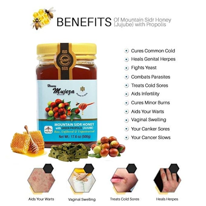Authentic Mountain Sidr Honey with Propolis – Jujube Honey Supports Mental Health Memory and Cognition 100% Natural Raw Liquid Honey Gluten Free (250g/ 8.8 oz)