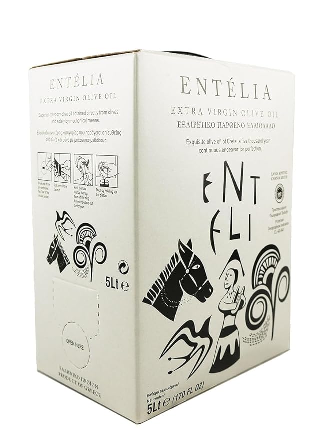 Entelia 5L Bag-in-Box Extra Virgin Olive Oil from Crete Greece | 169 fl oz (5 Liters) Cold-Pressed High Polyphenols (489mg/kg) | Koroneiki Olives Low Acidity (0.28%) for Cooking &amp Dressings