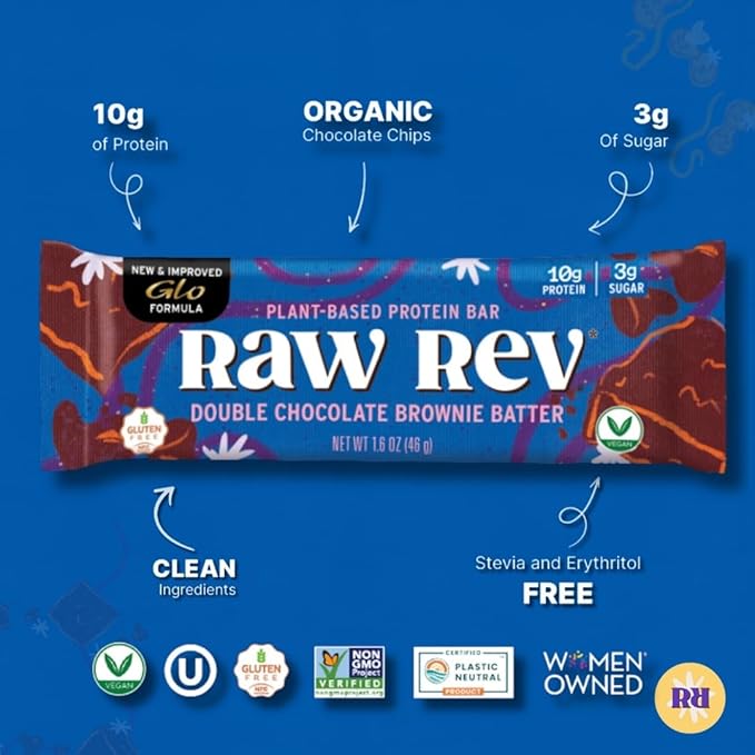 Raw Rev Vegan Protein Bars- Double Chocolate Brownie Batter 12 bars Non-GMO Plastic-Neutral Nothing Artificial Glo Formula Gluten-Free Keto-Friendly Paleo Kosher No Sugar Alcohols No Stevia