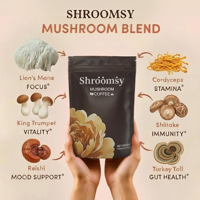 SHROOMSY Mushroom Coffee – 6 Adaptogenic Mushroom Superblend (Cordyceps Reishi Shiitake Lion’s Mane More) – With MCT Oil &amp Coconut Milk