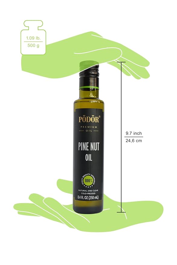 PÖDÖR Premium Pine Nut Oil - 8.4 fl. Oz. - Cold-Pressed 100% Natural Unrefined and Unfiltered Vegan Gluten-Free Non-GMO in Glass Bottle