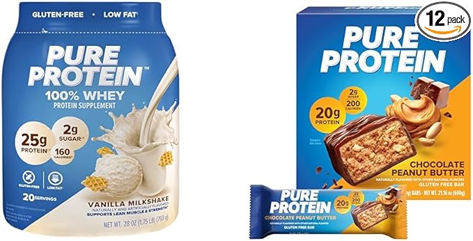 Pure Protein Powder Whey High Protein Low Sugar Gluten Free Vanilla Cream 1.75 lbs &amp Bars High Protein Nutritious Snacks to Support Energy Low Sugar Gluten Free