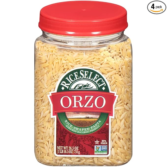 RiceSelect Orzo Pasta Non-GMO 26.5 oz (Pack of 4 Jars)