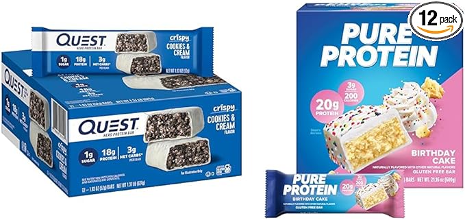 Quest Cookies &amp Cream Hero Protein Bar 18g Protein 12 Count and Pure Protein Birthday Cake Protein Bar 20g Protein 12 Count Bundle