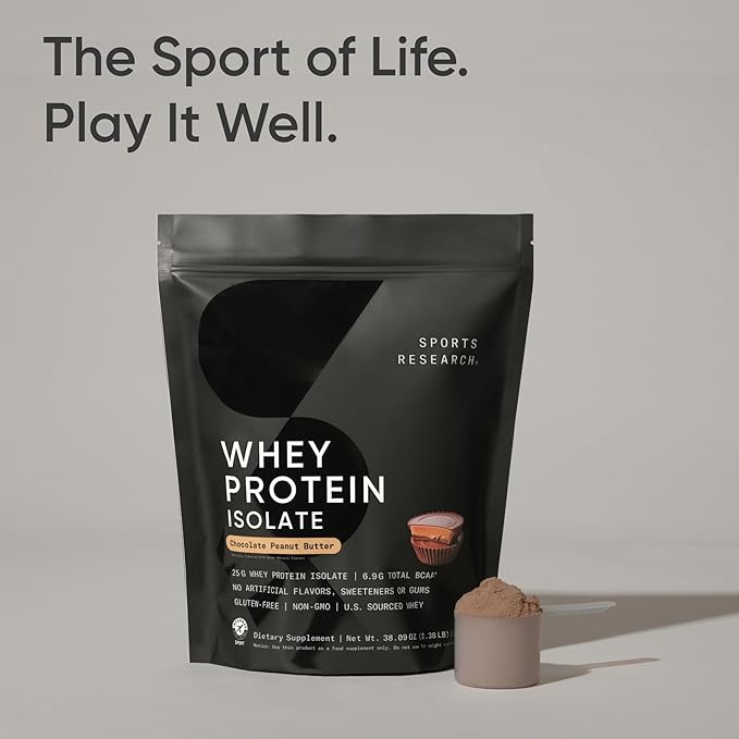 Sports Research® 100% Whey Protein Isolate Chocolate Peanut Butter - U.S. Sourced Protein Powder w/BCAAs -No Artificial Flavors or Gums- Informed Sport Tested · Gluten Free- 2lb Bulk Bag 25 Servings