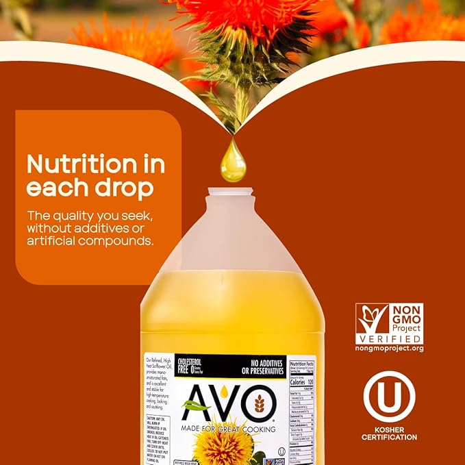 AVO High Oleic Safflower Oil Bulk 1 Gallon NON-GMO Naturally Processed High Smoke Point 510°F